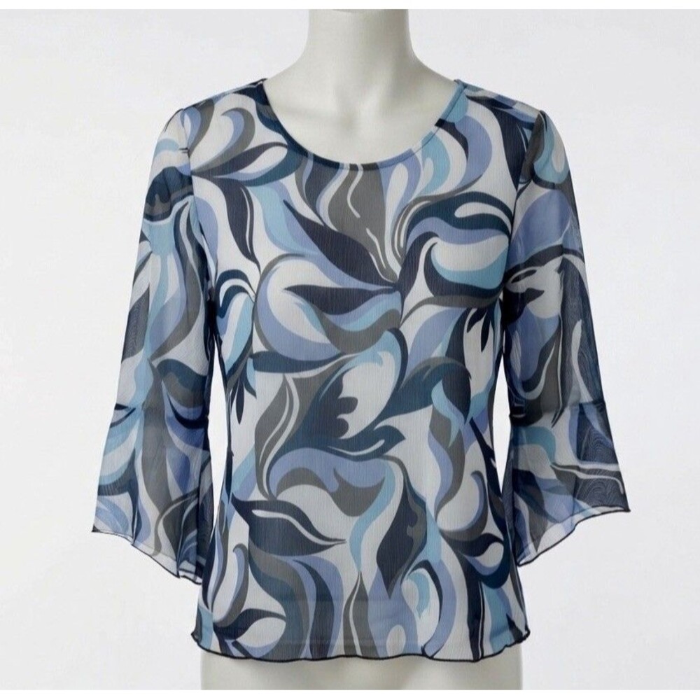 Sheer Abstract Floral Artsy Blouse Top 3/4" Flare Sleeve Fairycore Y2K Romantic